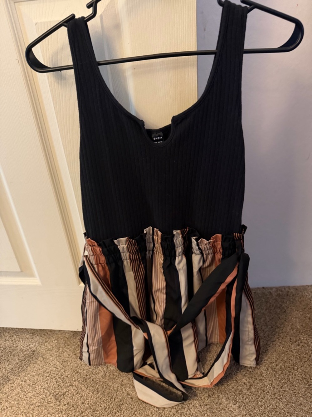 SHEIN Black Ribbed Tank with Striped Tie-Waist Skirt Set